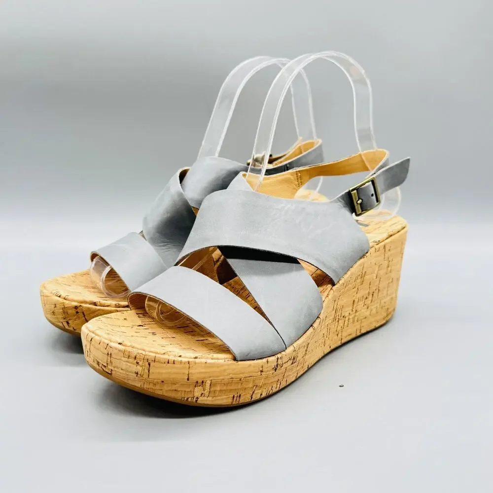 Korks Sandals Womens 8 Gray Leather Slingback Cork Wedge Platform Comfort Shoes
